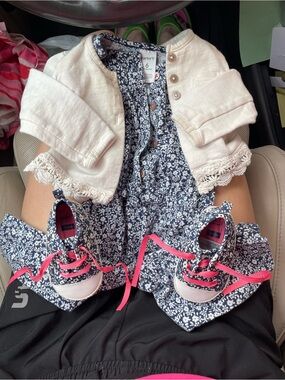 Carter's Navy Floral Romper with Cream Crochet Cardigan and Navy Floral Shoes